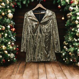 Rebecca Minkoff 🪩 Gold Sequin V-Neck Long Sleeve Dress 10